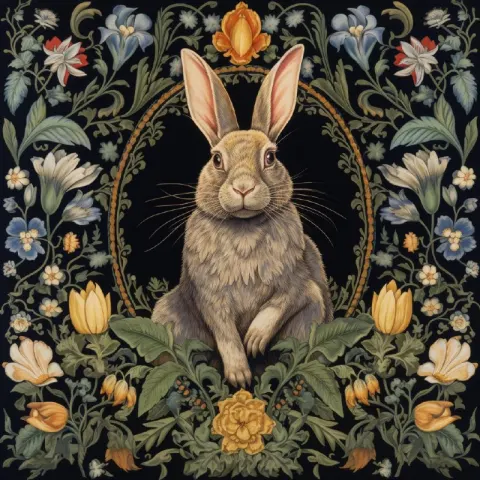 Ornate William Morris Grey Rabbit Tapestry on Velvet