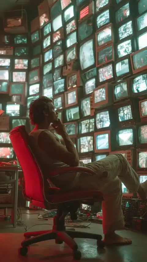 Muscular Man Amid Screens