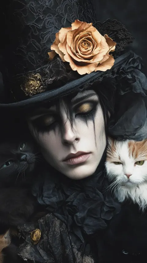 Gothic Portrait with Cats and Roses