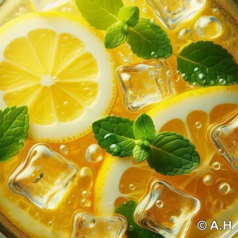 Light Yellow Lemon Iced Tea With Clear Ice Cubes
