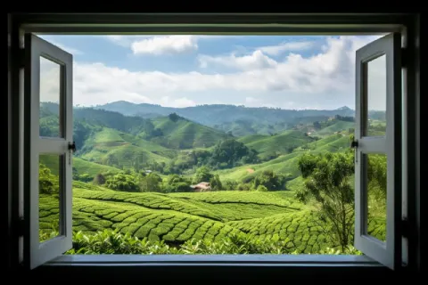 Open White Window Overlooking Tea Plantation View