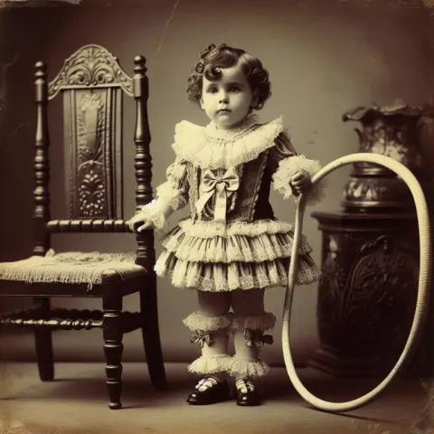 Historical 1800s Child With Hoop and Ruffled Outfit