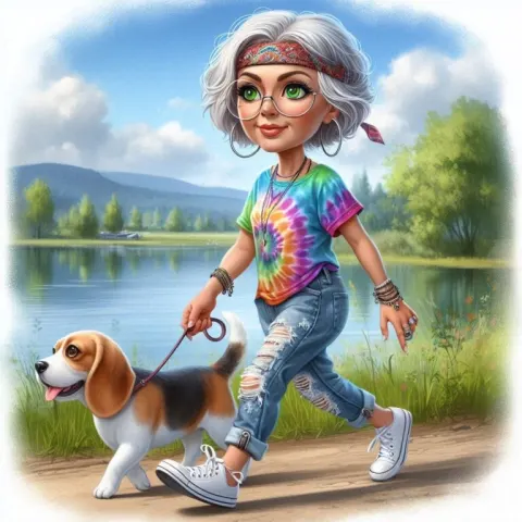 Older Hippie Lady in Tie Dye Walking Trail Caricature
