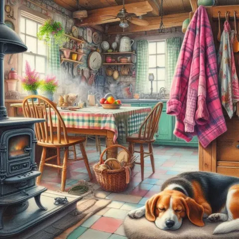 Beagle Sleeping by Wood Stove Farmhouse Watercolor