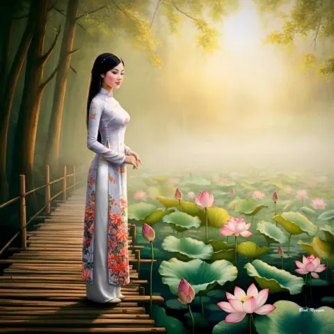 Vietnamese Lady on Lotus Pond