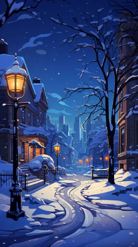 Simple Winter Night Snow Scene in Cartoon Style