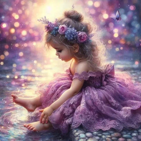 Toddler in Purple Lace Dress Dangling Feet by River