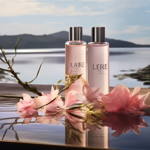 Floral Perfume Bottle Photorealistic Ocean Backdrop