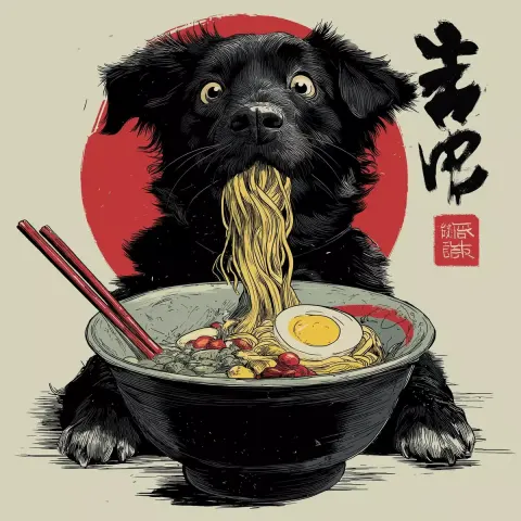 Cartoon Dog Slurping Ramen