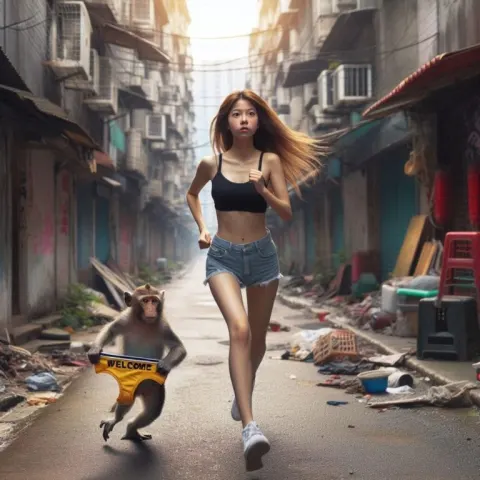 Woman Chasing Monkey Stealing Underwear in Alley