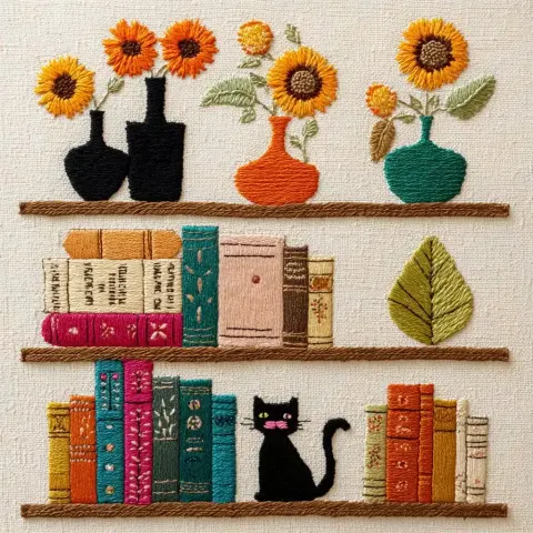 Embroidered Shelves with Vases