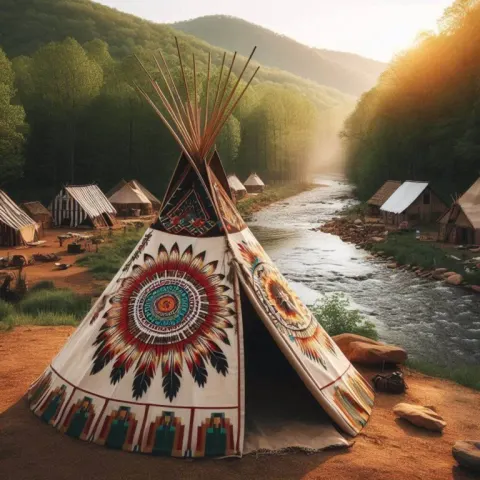 Native American Tipi Village by Creek at Midday