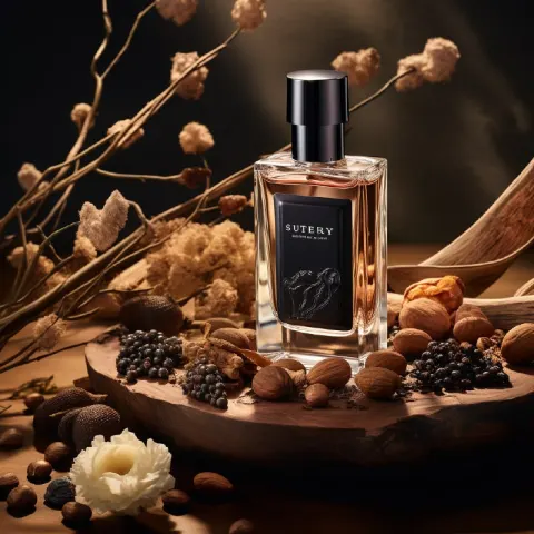 Black Perfume Bottle With Oud and Nut Earthy Tones
