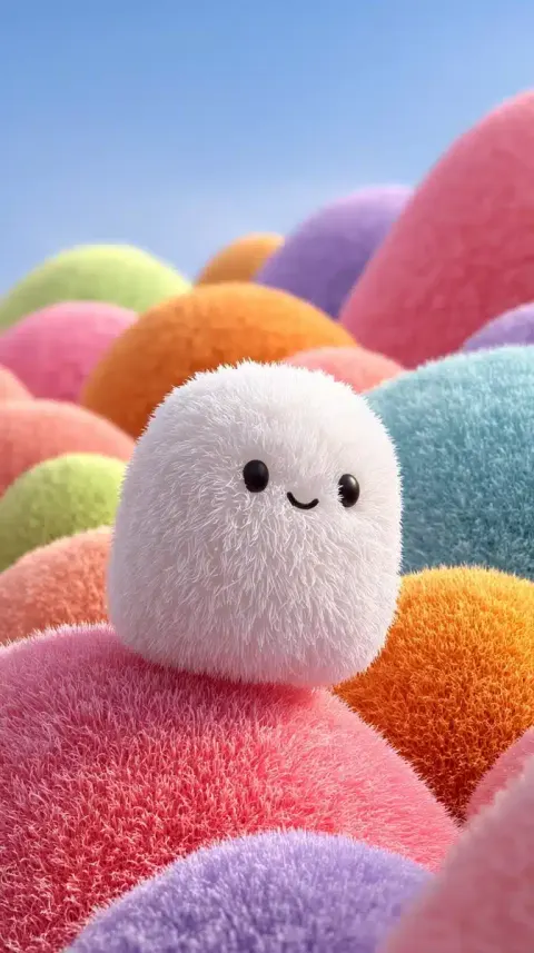 Fluffy Character Among Pastel Hills