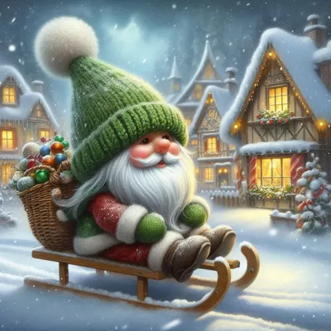 Whimsical Gnome Sledding Winter Scene