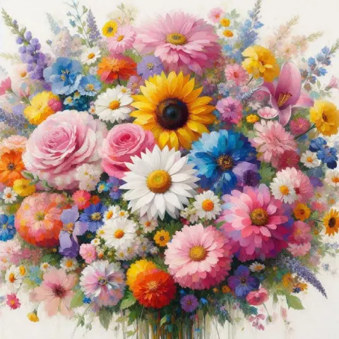 Joyful Impressionist Pastel Flowers on White Ground