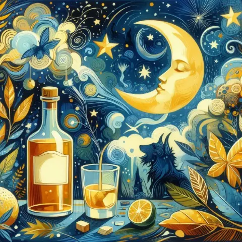 Whiskey Under Moon and Stars Folkloric Illustration