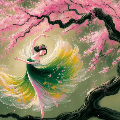 Woman on Pink Spring Tree Ethereal Gongbi Painting