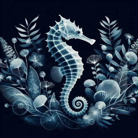 Transparent Seahorse Cyanotype With Botanical Frame