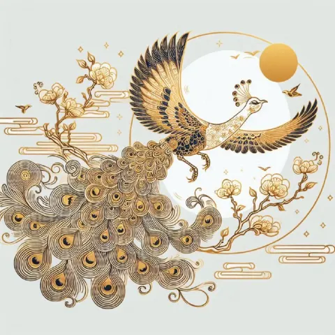 Fluttering Peacock Chinese Printmaking With Gold Lines