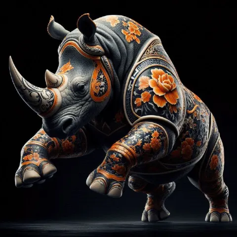 Fighting Rhino Adorned in Qing Porcelain Floral Print