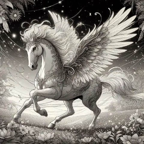 Pegasus With Ornate Wings Coloring Book Line Drawing