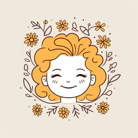 Happy Girl Face One Line Art With Floral Accents