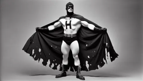 Phony Superhero With Tattered Black H-Letter Cape