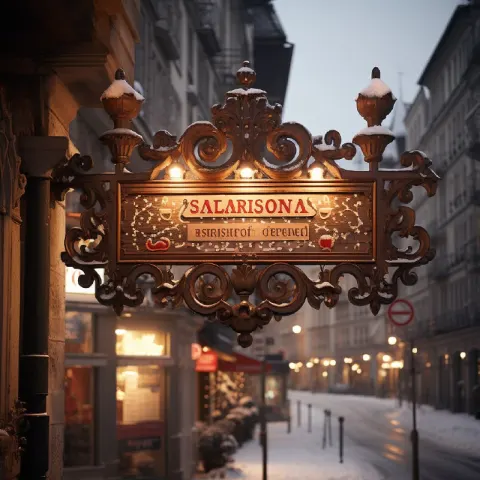 Ornate Swiss Wooden Sign With Christmas Lights