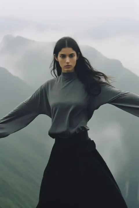 Woman Doing Tai Chi on Foggy Mountain Vintage Film