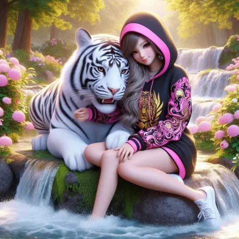 Lady in Pink Hoodie Hugging White Tiger by River