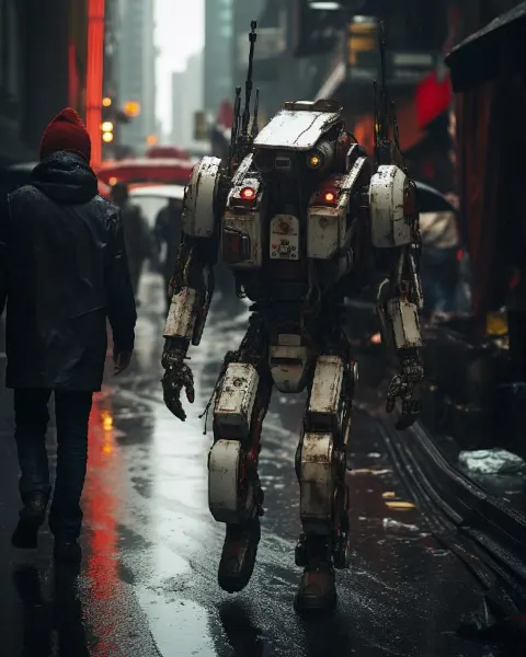 Robot Walking Rainy Street Sci-Fi Dystopian Scene