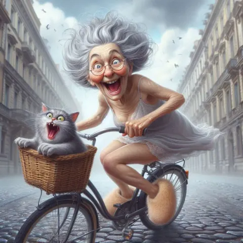 Silly Old Lady on Bike With Terrified Cat in Basket