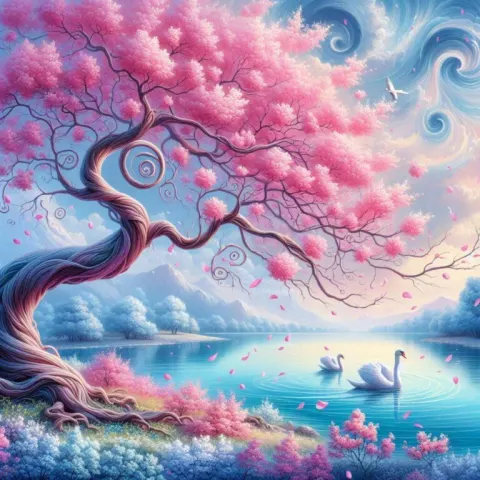 Pink Blossom Tree With Swirl Branches by Lake