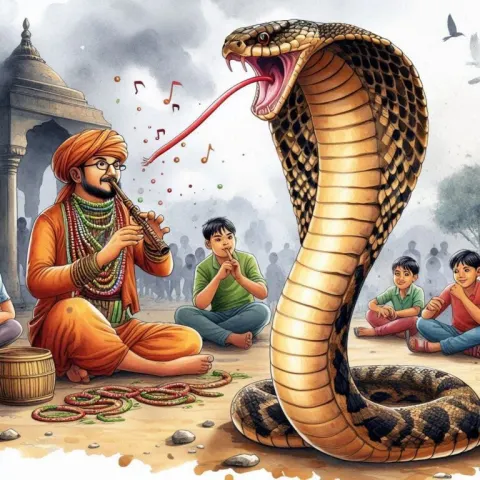 Angry Cobra Dancing Before Snake Charmer Close-Up