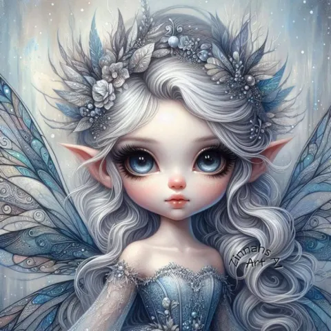 Ethereal Chibi Character With Floral Hair in Blue Dress