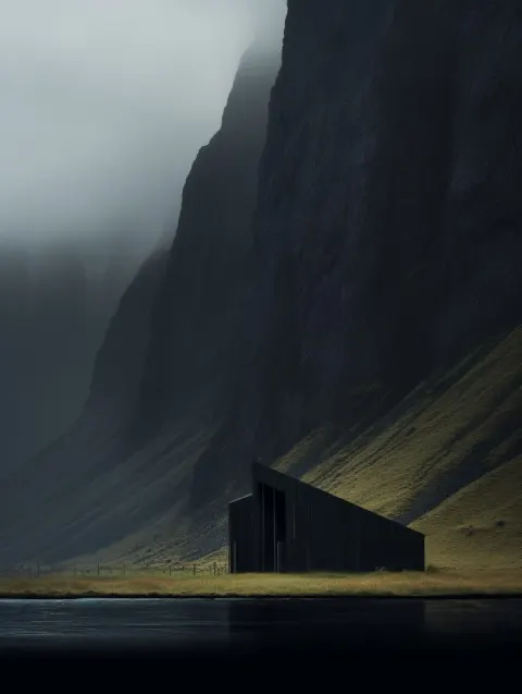 Minimalist Building Against Dark Foreboding Mountain