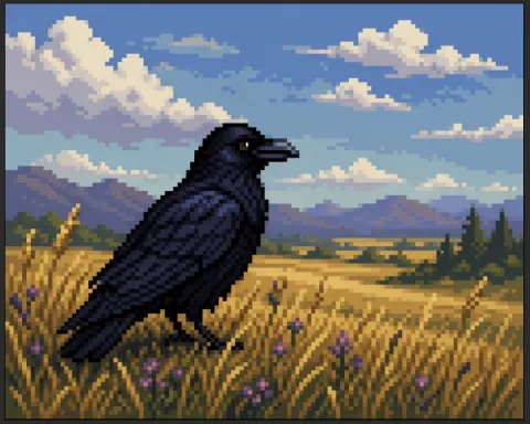 Faux Pixel Art Raven In Wheat Field