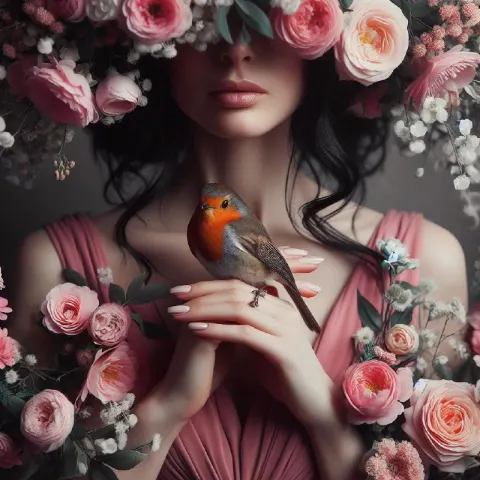 Robin Bird and Woman in Pink Black and White Photo