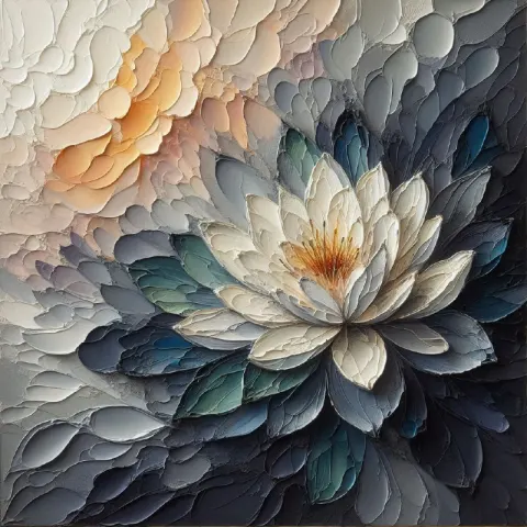 Impasto Water Lily in Slate and Cream With Gold Light