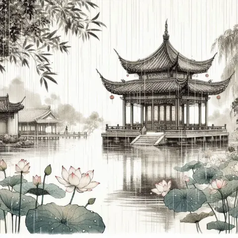 Song Dynasty Lotus Pond Pavilion Chinese Ink Painting