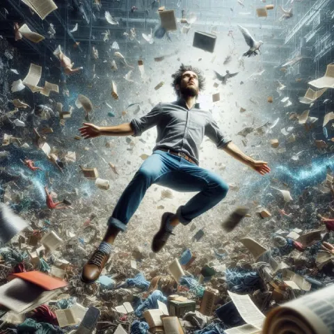 Man Floating in Air Against Chaotic Background Photo