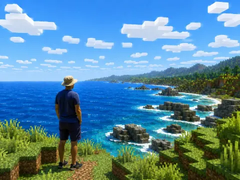 Realistic Traveler on Voxel Ocean Cliff