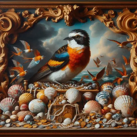Baroque Display Case With Red and Blue Bird Rubens Style