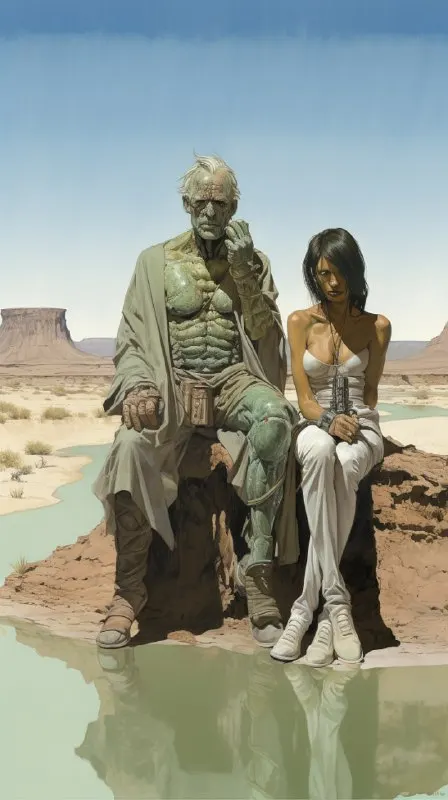Charlton Heston in Desert Moebius Style Illustration