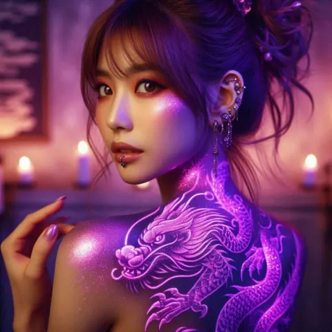 Japanese Woman With Glowing Purple Dragon Back Tattoo