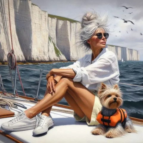 White-Haired Woman Relaxing at Sailboat Stern