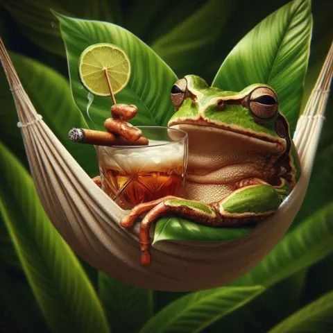 Frog Lounging in Hammock With Cigar and Cocktail