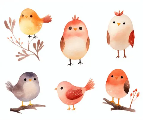 Cute Cartoon Birds and Leaves Watercolor Collection