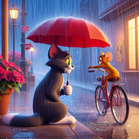 Tom Cat in Rain as Jerry Arrives With Red Umbrella